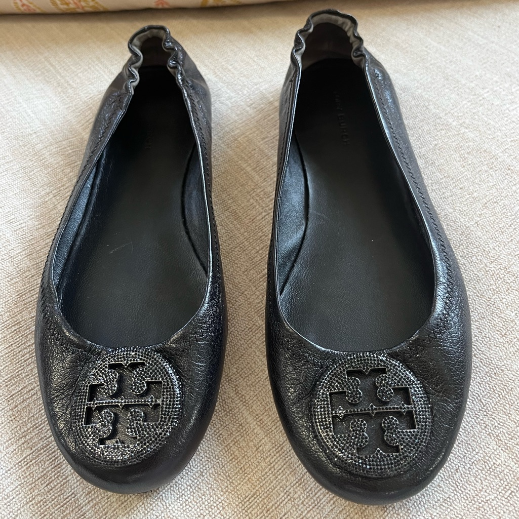Euc Tory Burch Black Leather Minnie Travel Ballet Pave Flats. Women's Size: 7.